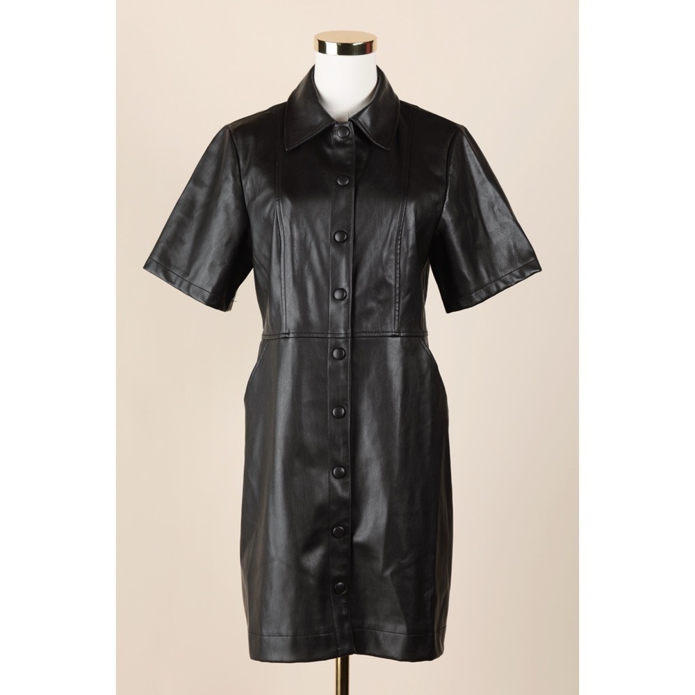 Sz 8 Topshop Black Faux Leather Mini Pu Button Down Shirt Dress GUC